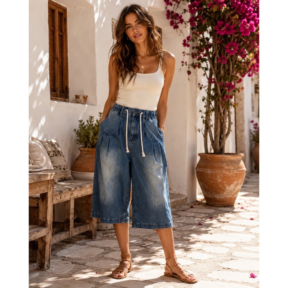 Flamingals Blue Denim Culottes Balloon Leg Drawstring Shorts Plus Size 3XL NWT - Picture 2 of 9